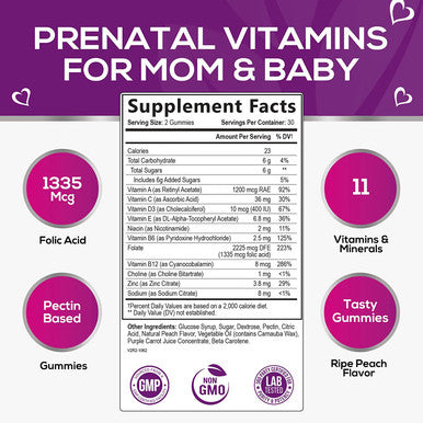 Folic Acid Gummies (2225 mcg DFE) Prenatal Vitamins for Mom & Baby - Before, During, Post Pregnancy, Multivitamin Supplement with Vitamin A, C, D, E, B6, B12 - Nature's Peach Gummy - 60 Gummies