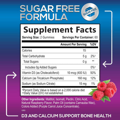Nature'S Nutrition Sugar Calcium Gummy Bites Plus 400 IU Vitamin D3 Bone Health & Immune Support Supports Bone Strength - Chewable Calcium Nutrition Supplement Non-GMO Berry Flavor Chews - 120 Gummies