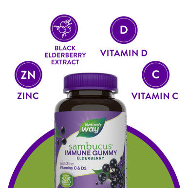 Nature'S Way Sambucus Elderberry Immune Gummies, Daily Immune Support For Kids And Adults*, With Vitamin C, Vitamin D3, Zinc, Gluten Free, Vegetarian, 60 Gummies (Packaging May Vary)