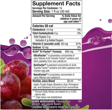 4Life Transfer Factor RioVida Tri-Factor Formula - Liquid Immune System and Antioxidant Support with Vitamin C Elderberry Blueberry and Acai - Single Pack