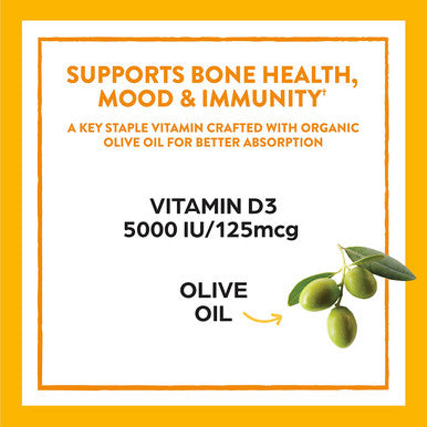 Orgain Super Vitamin D3 Supplement 5000iu 125mcg Immune Bone and Mood Support Organic Olive Oil for Better Absorption 8 Month Supply 240 Softgels