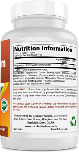 Best Naturals Magnesium oxide 500 mg 180 tablets