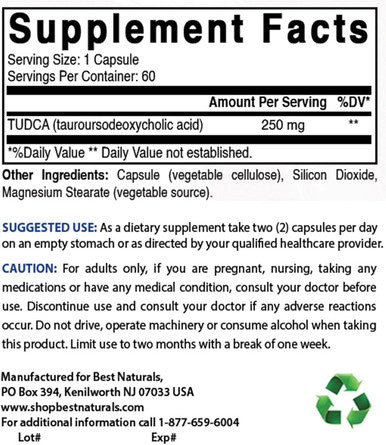 Best Naturals TUDCA 250mg (Tauroursodeoxycholic Acid) - 60 Veg Capsules - 2 Months Supply (60 Count (Pack of 1)) (60 Count (Pack of 1))