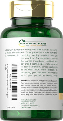 Carlyle Odorless Garlic Softgels 3600 mg | 400 Count | Allium Sativum Bulb | Non GMO Gluten Supplement
