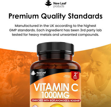 Vitamin C Tablets 1000Mg - Enriched With Bioflavonoids & Rosehip - Premium Vitamin C Supplements - Vegan Vitamin C Tablets High Strength Ascorbic Acid Vit C For Normal Immune System Uk Made