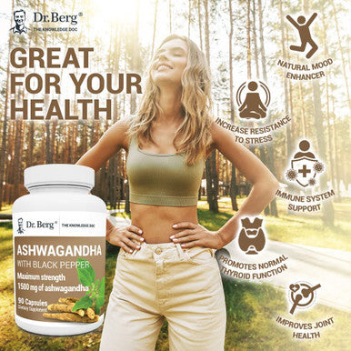 Dr. Berg's Ashwagandha with Black Pepper Supplement - Ashwagandha Capsules for Mood & Stress Support, Energy, Joint, Thyroid & Immune System - 1500mg Organic Ashwagandha Supplements - 90 Capsules