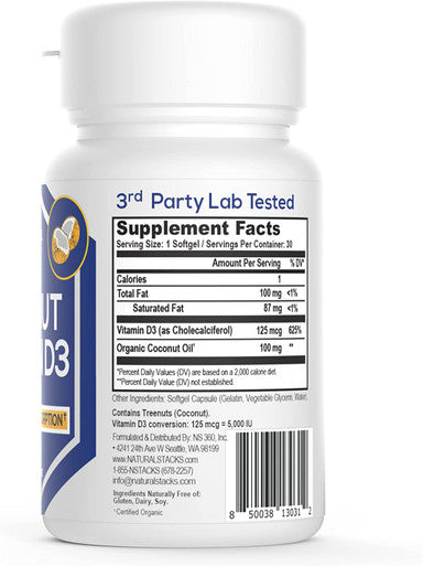 NATURAL STACKS Vitamin D3 5000 IU - 30 SOFTGELS. Vitamin D Pills for Immunity & Cell Growth - Coconut Oil Pills & Immune Support Vitamins - Vitamins Supplements for Rapid Absorption