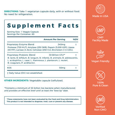 NewRhythm Digestive Enzymes 245 mg with Probiotics and Prebiotics Plant Based 7 Key Enzymes Digestion Nutrient Absorption Protease Amylase & Lipase 60 Vegan Capsules