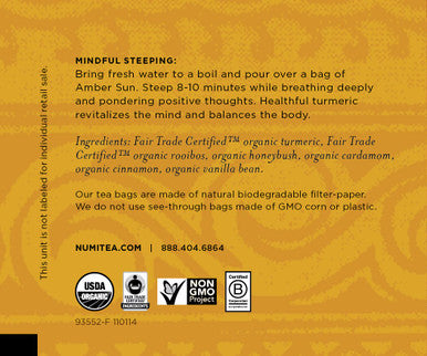 Numi Organic Tea Amber Sun 12 Count Box of Tea Bags (Pack of 6) Turmeric Tea