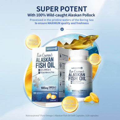 Nutrasumma High Purified Omega 3 Supplement Wild Alaskan Fish Oil Burpless & No Fishy Taste, 650Mg Epa &270Mg Dha Of 1250Mg Fish Oil Softgels, Gluten Free, Heart, Brain& Immune Support, 60 Servings