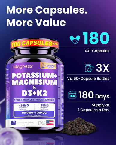 Megneta 180 Capsules Magnesium Glycinate Potassium Vitamin D3 10000Iu K2 Mk-7 Supplement - High-Potency Synergistic Complex For Bone Heart Immune Health Mood Balance & Energy Support