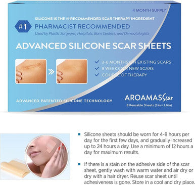 Aroamas Scar Silicone Scar Tape Softens and Flattens Scars From Surgery, Injury, Burns, C-Section, Scratch Marks Reusable Medical-Grade Silicone Scar Sheets For All Skin Types 3"X1.57", 8 Sheets