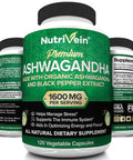 Nutrivein Organic Ashwagan Capsules 1600mg with Black Extract - 120 Vegan Pills - 100% Pure Root Powder Supplement - Supports Relief, Immune, Energy, Stamina & Mood