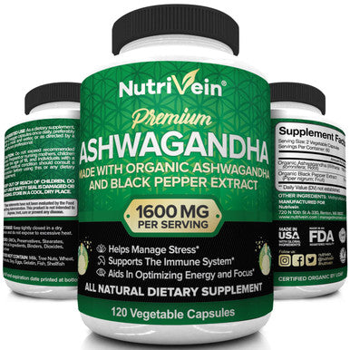 Nutrivein Organic Ashwagan Capsules 1600mg with Black Extract - 120 Vegan Pills - 100% Pure Root Powder Supplement - Supports Relief, Immune, Energy, Stamina & Mood