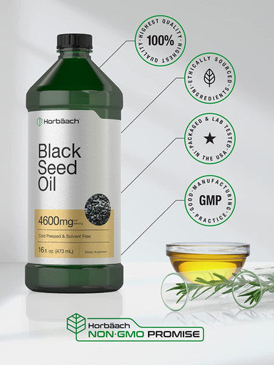 Black Seed Oil | 4600mg | 16 oz | Cold Pressed Nigella Sativa Supplement | Vegetarian, Non-GMO, Gluten Free, and Solvent Free Formula | by Horbaach