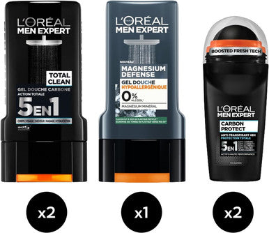 L'Oreal Paris Men Expert Routine Shower Gel & Deodorant For Men 2 X Shower Gel 1 X Shower Gel Magnesium Defense 2 X Carbon Protect Deodorant