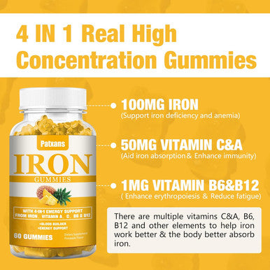2 Packs 100Mg Iron Supplement Gummies For Women & Men - With Vitamin A, C, B - Blood Builder &Energy Support For Iron Deficiency, Anemia, Adults &Children, Vegan, Pineapple Flavor Gummy, 120Ct
