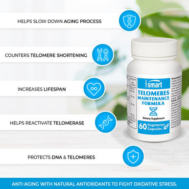 Supersmart Telomeres Maintenance Formula Innovative Anti Aging Supplement Formula with Extract of Green Tea 95 Polyphenols Tocomax NonGMO Gluten Free 60 Vegetarian Capsules