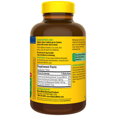 Nature Made Calcium Magnesium Zinc with Vitamin D3, Dietary Calcium Supplement for Bone Support, 300 Tablets