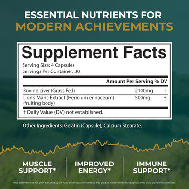 Grass Fed Beef Liver Capsules W/ Lions Mane For Energy, Focus & Memory Grassfed Beef Liver Supplement Supports Full Body Wellness Beef Organs Supplement For Men - Freeze Dried 30 Serving-120 Cnt