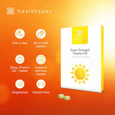 Healthspan Super Strength Vitamin D3 (60 Tablets) | Immune Health | Bone, Teeth & Muscle Health | Contains 1,000iu of Natural Source Vitamin D3 in Each Tablet | Vegetarian