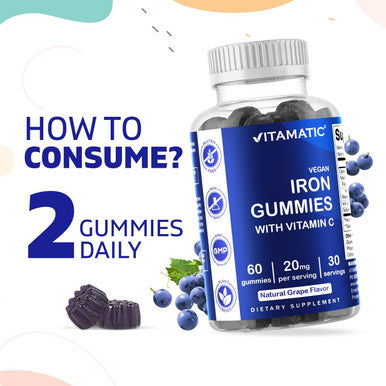 Vitamatic Iron Gummies Supplement For Women & Men - 20Mg Serving - 60 Vegan Gummies - Great Tasting Iron Gummy Vitamins With Vitamin C (60 Count (Pack Of 2))