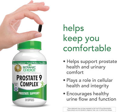 Botanic Choice Prostate 9 Complex - Prostate Supplements For Men With Saw Palmetto, Pygeum, & Lycopene - Advanced Prostate Health Supplement For Urinary Flow & Cellular Health - 30 Softgels