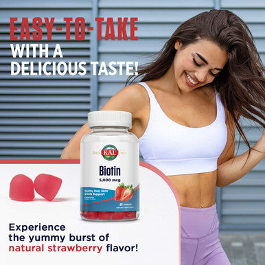 KAL Biotin Gummies 5,000 mcg | Healthy Hair Skin and Nail Support | Vegetarian | Strawberry | 60ct, 30 Serv.