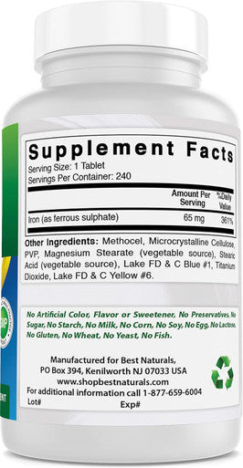 Best Naturals Iron Supplement - 65 mg - 240 Tablets - Non-GMO & Gluten