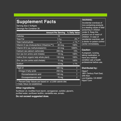 Vegan Complete Multivitamin Vitamin B12, Vitamin D, Omega-3 Dha+Epa, Calcium, Iodine, Zinc & Iron. (1 Bottle, 60 Softgels)