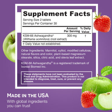 EZ Melts Dissolvable KSM-66 Ashwagandha 300 mg Sugar-Free Stress Sleep and Mood Support Supplement 30-Day Supply Apple Berry-Flavor