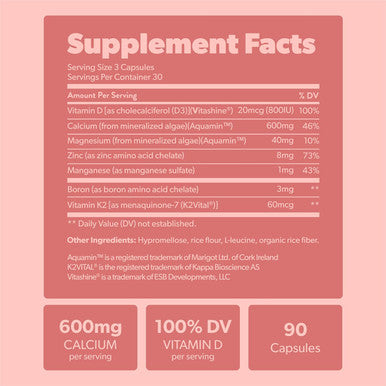 Calcium Supplement - Whole Food With Vitamin K2 & D3, Magnesium, Zinc, Boron, Mineral Complex. Sourced Sustainably From Red Algae. For Bone Strength And Support. Non-Gmo & Vegan 90 Capsules.