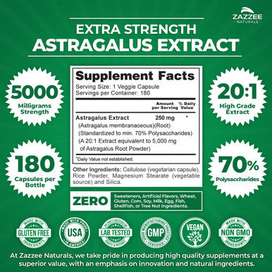 Zazzee Extra Strength Astragalus Root 20:1 Extract, 5000 Mg Strength, 70% Polysaccharides, 180 Vegan Capsules, 6 Month Supply