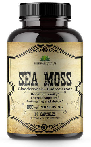 HERBALICIOUS Sea Moss Capsules - 1000 Mg Irish Sea Moss With Bladderwrack And Burdock Root For Immune Support, Thyroid Supplement, Healthy Skin, And Detox - 100 Irish Sea Moss Capsules