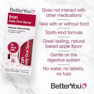 BetterYou Oral Spray Iron Supplement, 1.25mg Strength per Single Spray, 0.85 Fl Ounce (192 sprays), Baked Apple