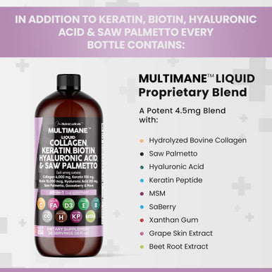 Liquid Collagen 4000mg Biotin 10000mcg Keratin 100mg Saw Palmetto Hyaluronic 100mg - Hair Skin and Nails Vitamins and DHT Blocker with Vitamin D3 MSM 50mg - 16 Fl. Oz