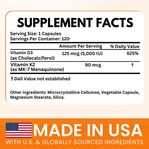 VITBOOST Vitamin D3 K2 Complex Easy to Swallow Vitamin D (D3) 5000 IU (125 mcg) and K2(MK7) 90 mcg NonGMO GlutenFree USA Made 120 Capsules