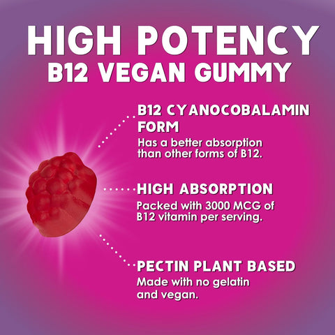 Vitamin B12 Energy Gummies 3000 mcg per Serving Extra Strength B 12 Gummy for Metabolism Immune Support Chewable Dietary B12 Supplements Natural Caffeine Free Gummy Berry Flavor 60 Gummies