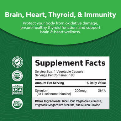 Pure Selenium Thyroid Support Supplement - Selenium 200mcg Antioxidant Supplement and Natural Immune Booster for Adults - Adult Immune Support Vitamins and Mind and Memory Supplement for Brain Support