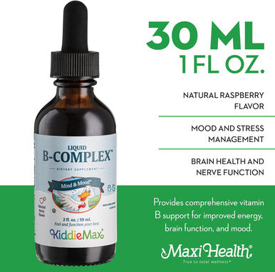 Maxi Health Raspberry Liquid Vitamin B Complex - Vitamin Supplement with Vitamin B12 - Sublingual B Vitamins Complex Drops for Kids with B1 B2 B3 B5 B6 Biotin Folic Acid - For Energy & Brain Function 2 fl. oz.