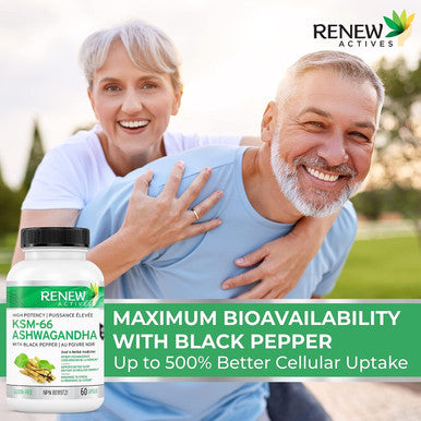 Renew Actives Ashwagandha Ksm-66 Capsules - 60 Capsules With Black Pepper, Ashwagandha Root Extract For Stress, Energy Support, Brain Supplement, And Sleep Aid