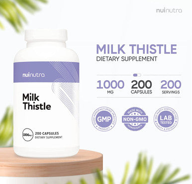 Nui Nutra Milk Thistle 1000mg (Sylibum Marianum) Supplement Silymarin | 200 Capsules | Gluten-Free 4:1 Seed Extract - Liver Support | Powerful Antioxidants