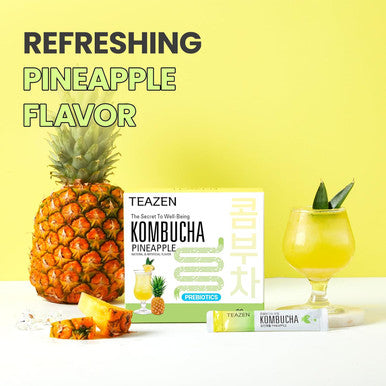 Teazen Pineapple Kombucha Tea Hydration Drink Mix Sugar Live Probiotics & Prebiotics 30 Sticks 5.29oz