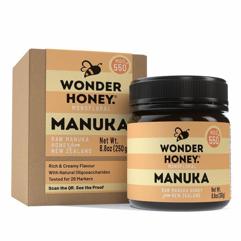 Wonder Honey Raw Manuka Honey New Zealand MGO550 (15+) Tested for 26 Markers, Traceable, Natural Soothing for Sore Throat, Cough - Aids Digestion - Triple Sealed for safety in a Protective Box (8.8oz)