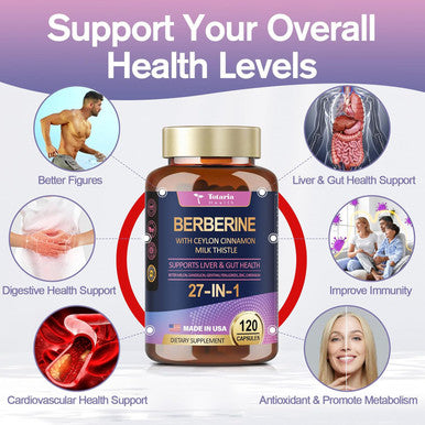 27-In-1 Berberine Supplement With Ceylon Cinnamon, Milk Thistle - Pure Berberine 6000Mg - Berberine Plus For Immune, Better Figure, Liver & Gut Health, Vegan Supplements For Men & Women - 120 Caps