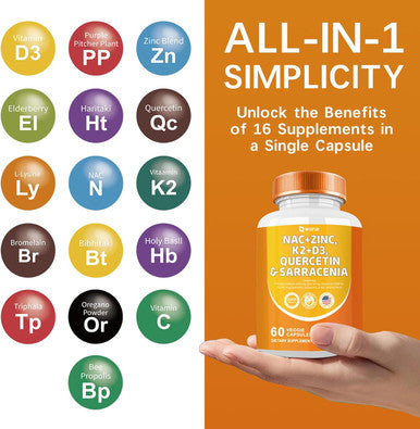 Nac Supplement N-Acetyl Cysteine Nac 1000Mg Zinc Blend 50Mg K2 100Mcg Vitamin D3 5000 Iu N-Acetyl Cysteine 1000Mg Quercetin 1000Mg Sarracenia Purpurea 1000Mg L-Lysine Supplement, 60 Count