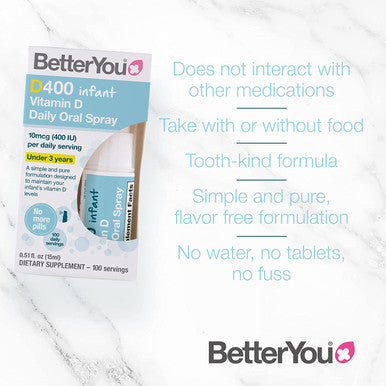 BetterYou Vitamin D3 Spray for Infants, 400 IU Strength per Spray, 0.50 Fl Ounce (100 Sprays)