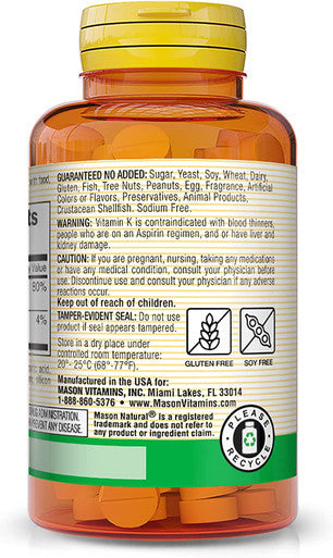 Mason Natural Vitamin K2 100 mcg with Calcium - Supports Cardiovascular, Bone and Muscle Health, Promotes Calcium Metabolism, Healthy Immune System, 100 Tablets (Pack of 3)