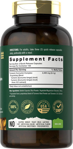 Carlyle Tahoe Nutritionals Turmeric Curcumin Supplement 2400mg | 400 Powder Capsules | Non-GMO Gluten Complex