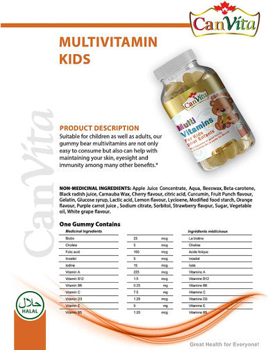 Canvita Kids Multivitamins Gummy Bear 60 All-In-One for your kids,HALAL Certified and Made in Canada